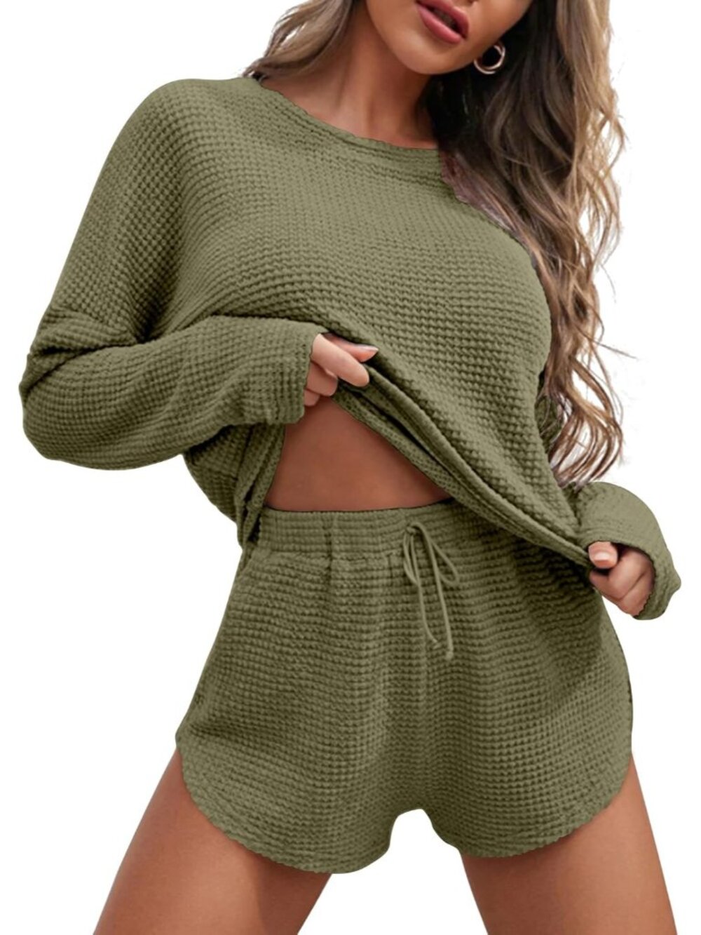 Womens Waffle Knit Pajama Sets Long Sleeve Top and Short Lounge Set